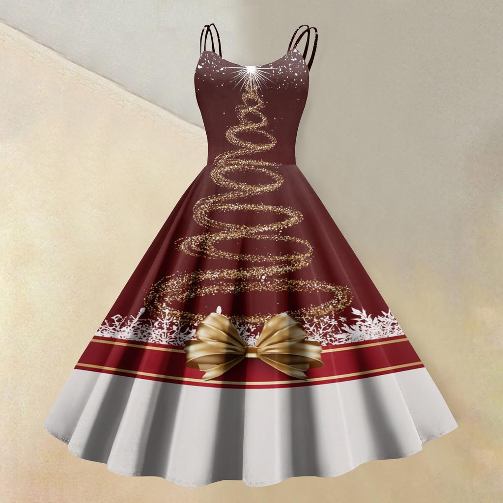 Women's Casual Sleeveless Dress with Christmas Print and Round Neck for Holiday Party