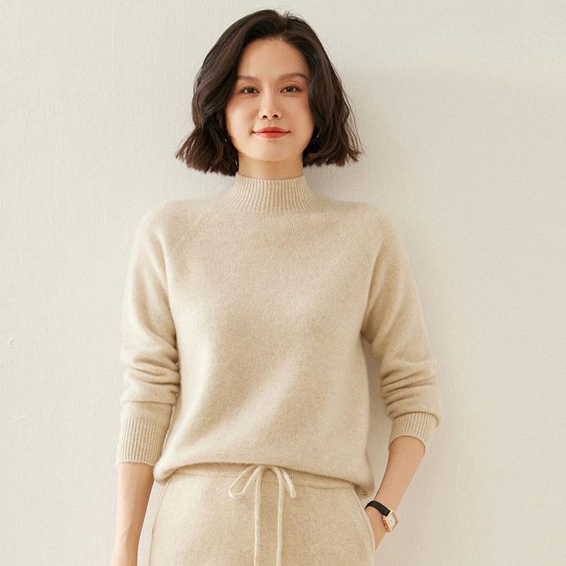 Women's Cashmere Raglan Sleeve Slim Fit Sweater - Half High Neck, Thickened, Solid Color, Versatile Knitted Top.