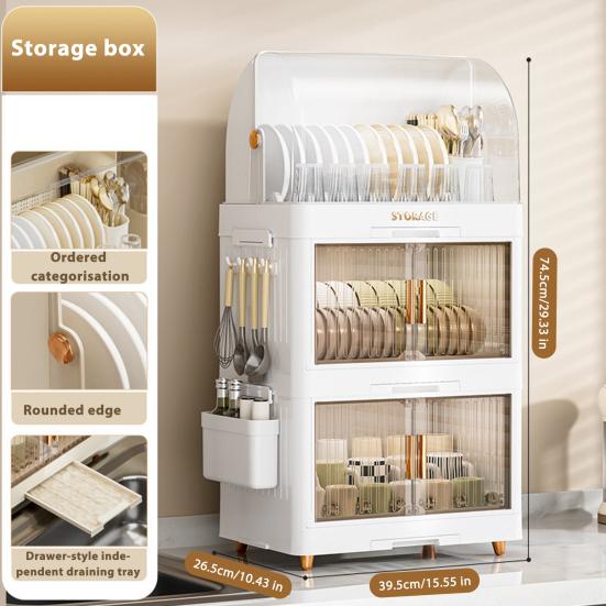 Stackable Tableware Storage Box Multi-Tier Dinnerware Organizer with Clear Lid Doors Hooks Dishes Plates Cups Storage Bins with Drainage Tray