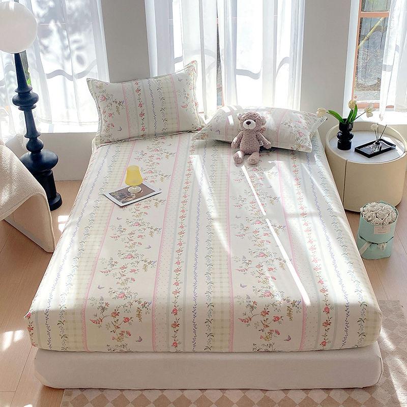 100% Cotton Bed Fitted Sheet with Elastic Rubber and 2 Pillowcases Durable and Comfortable Kids Adult Single Double Bed 13 Sizes