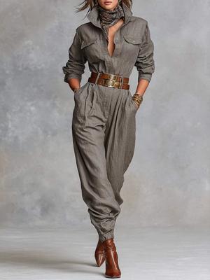 Women's Long Sleeve Shirt Dress with Pocket Romper and Pants