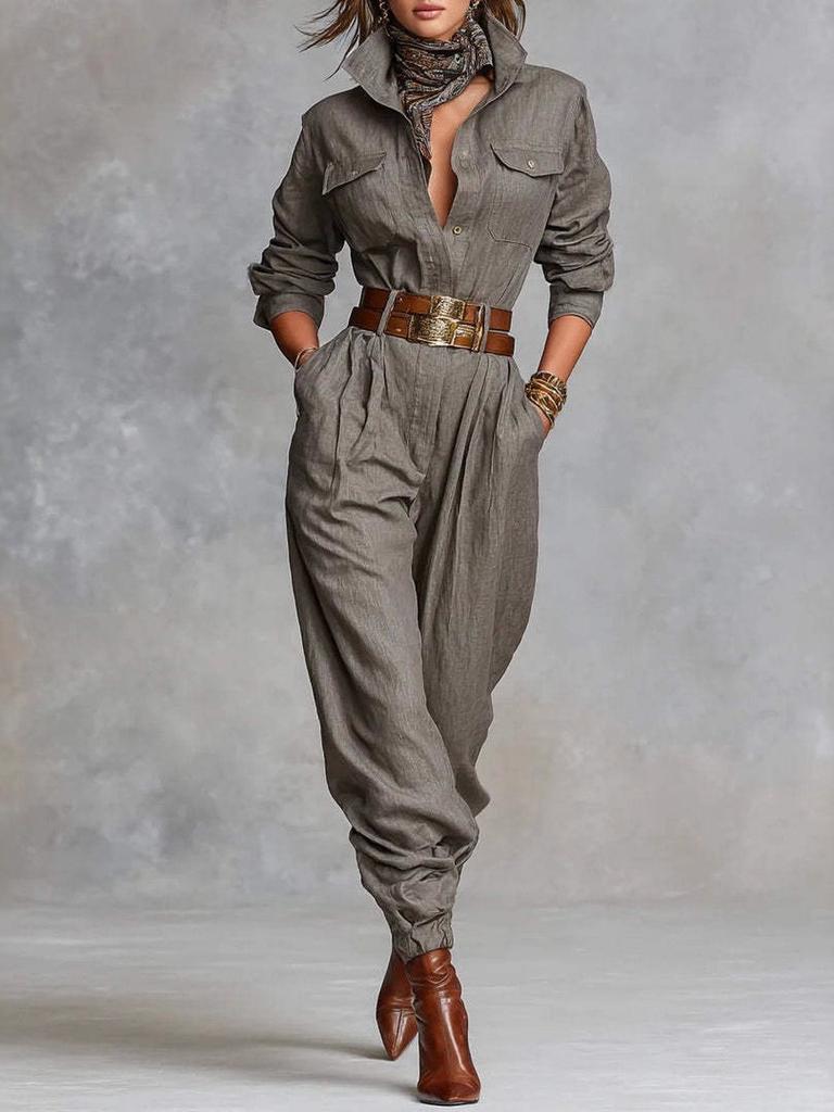 Damen Langarm Hemdkleid mit Tasche Strampler und Hose