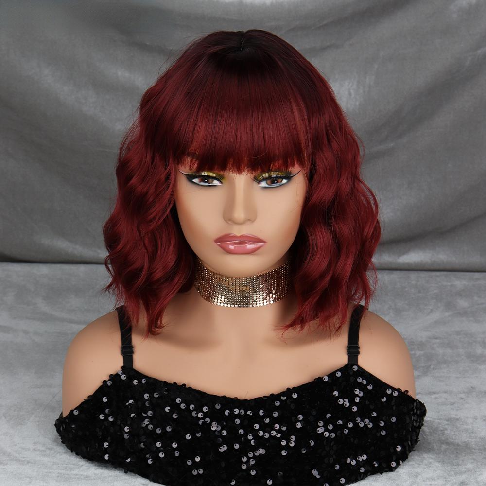 MISSQUEEN Cabelo curto ondulado com franja, cor natural, festa de feriado diária, fibra sintética, feminino