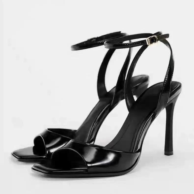 Fashion Gold Patent Leather Ankle Buckle High Heeled Sandals Women Sexy Square Toe Open Toe High Heels Summer Fashion Party Office Shoes