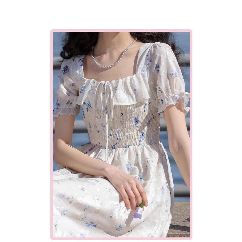 Orchid Dress Square Neck Small Fresh Floral Dress Mori 2026 Printed Bubble Sleeve First Love Fairy Short Sleeve Dress Summe