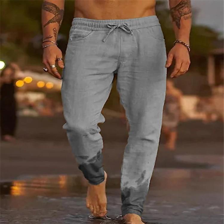 2026 Men s Solid Color Drawstring Cotton-Linen Loose Beach Pants M светло-серый