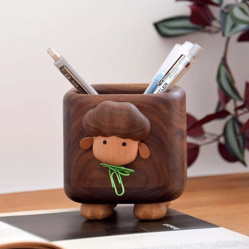Solid Wood Pen Holder Office Desk Organizer Creative Sheep Pencil Cup Storage Box Birthday Gift Walnut Desktop Decoration