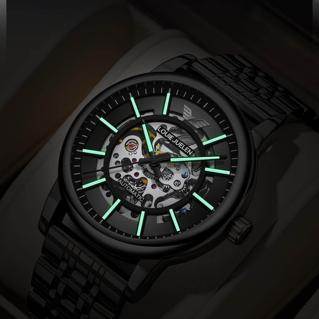LOUIE JUELEN 43MM Men's Fully Automatic Mechanical Watch Stainless Steel Wristwatch Luxury Skeleton Luminous Montre Uhr 3BAR Waterproof Watch
