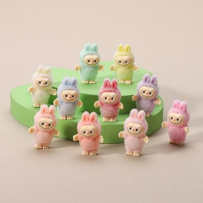 Cartoon Flocking Labubu The Monsters Figure Toy Cute Model Doll Ornament Diy Keychain Micro-Landscaping Home Car Decoration