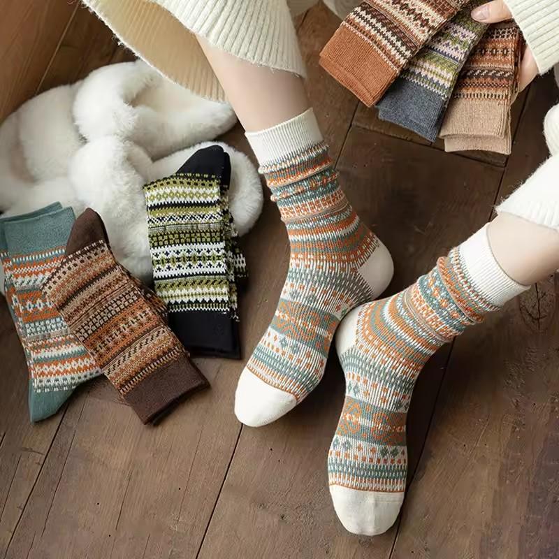 Mid-Calf Socks for Women - Ethnic Style, Fashionable Chunky Design for Autumn and Winter