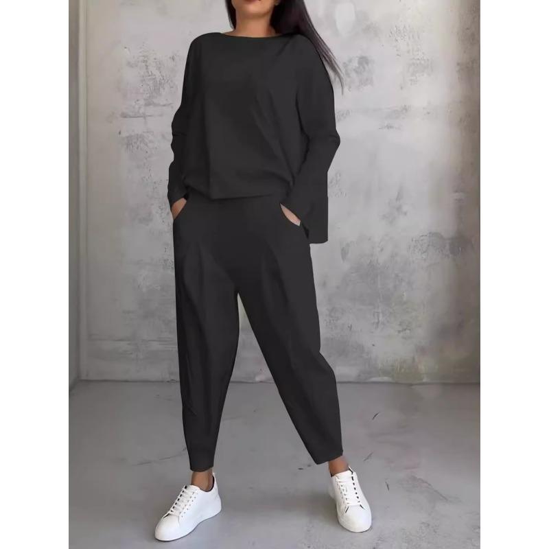 

JKASHDK Жіночий Модний Повсякденний Весняно-Осінній Однотонний Принт Довгий Рукав Круглий Виріз Штани Комплекти XXL чорний
