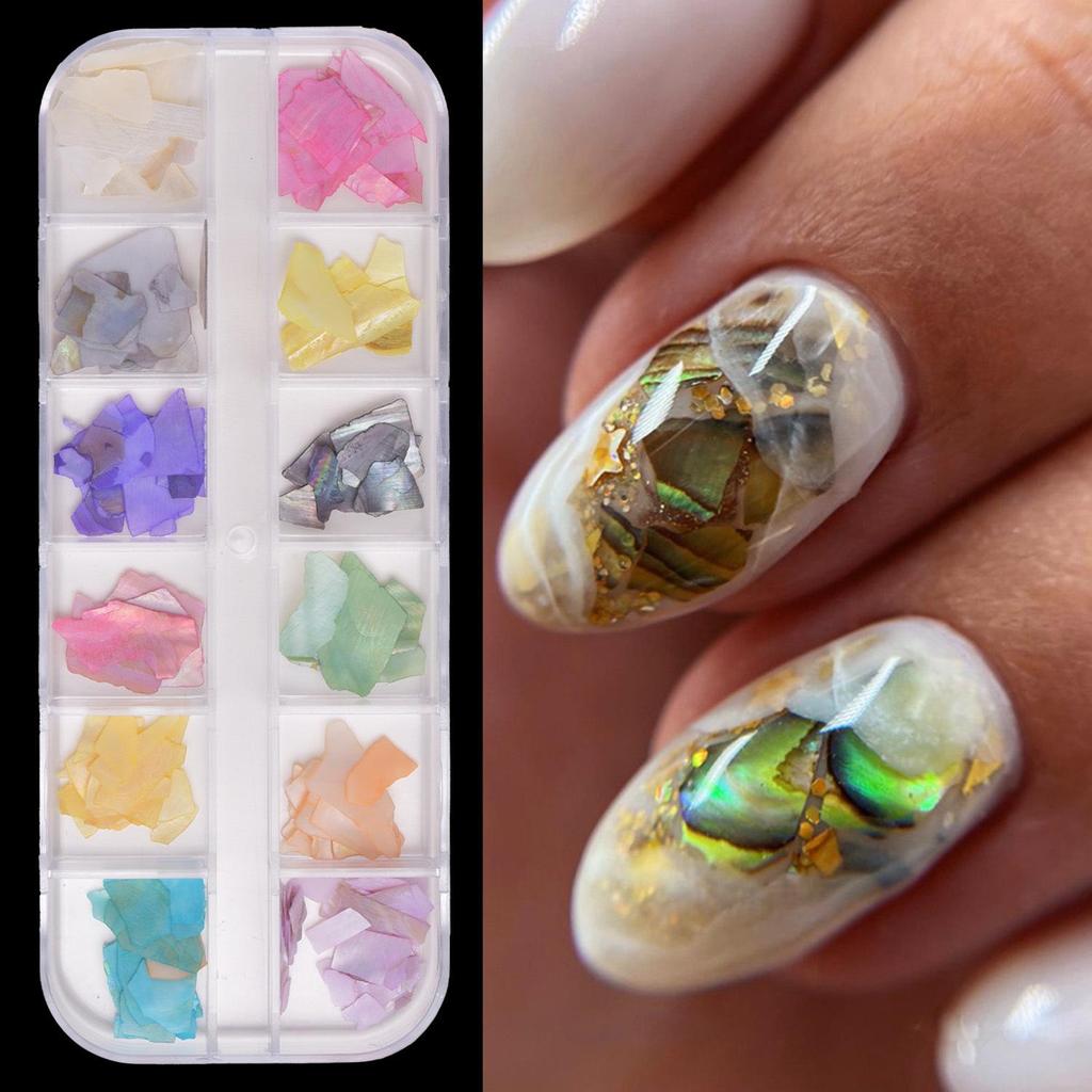 Ultra-Thin Abalone Nail Art Kit: 12-Grid Mixed Ornaments with Shells, Rivets, Pearls, and Rhinestones.