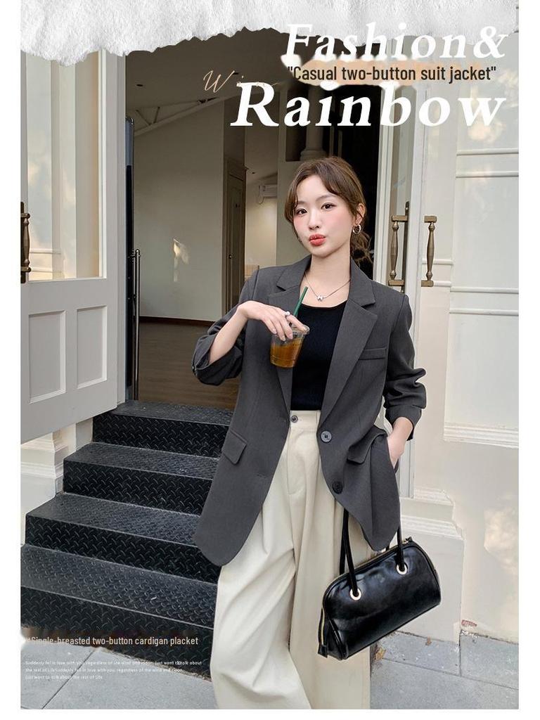 Women's Spring 2025 Fashion Suit Jacket with Rhinestone Lettering - Grey, Casual, All-Match, Loose Fit.