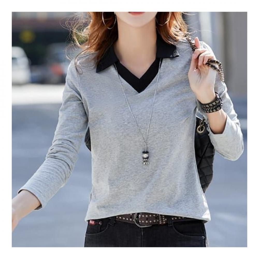 Navava Women Casual Color Block Collar Long Sleeve T shirT nT1496