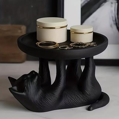 Multifunctional Cat Tray Ornament, Black Cat Lifting-Style Storage Decoration, Round Disk Storage Design, Suitable for Dorm Decor, Creative Display