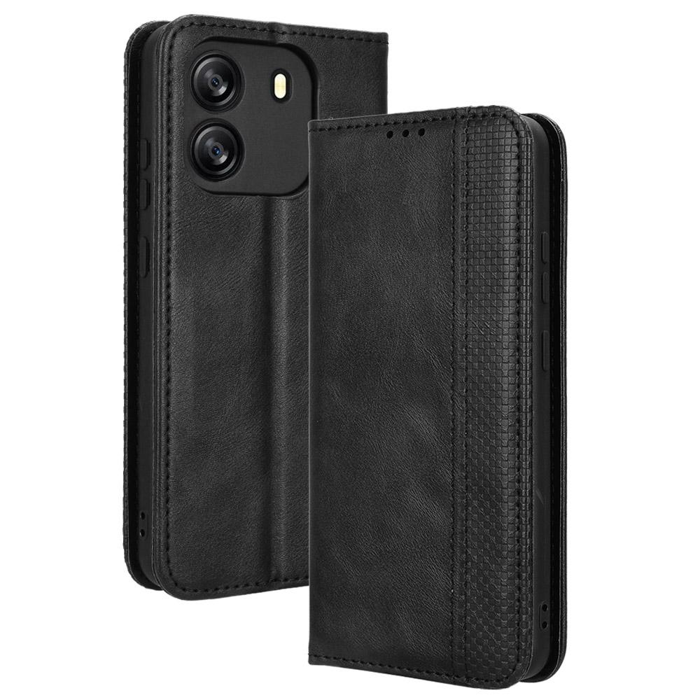 

For Blackview Wave 6C Case Magnetic Closure Vintage Leather Wallet Phone Cover Black