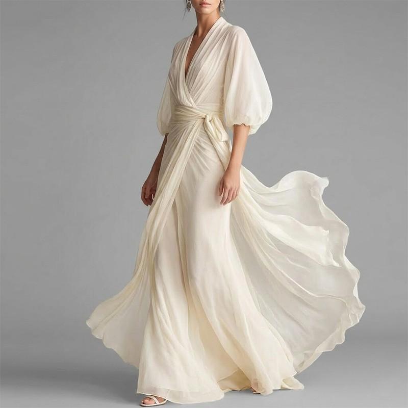 2026 Womens Elegant Loose Fit French Style Solid Color Long A-Line Dress V-Neck High Waist Casual Wear