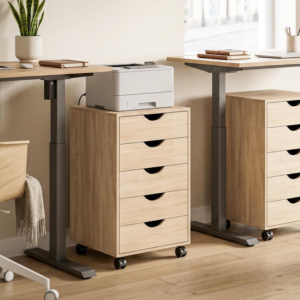 Mobile Office Pedestal, 5 Drawers, Wood, 40 x 40 x 67 cm, Oak