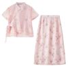 Shangdubuila Elegant Chinese Style Print Top & A-Line Skirt Set