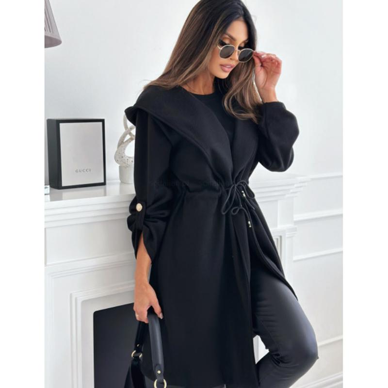 New Autumn Long Sleeve Casual Woolen Coats Women Winter Outwears Plus Size Jacket Women Fashion Solid Warm Drawstring Loose Jackets Coat 24996