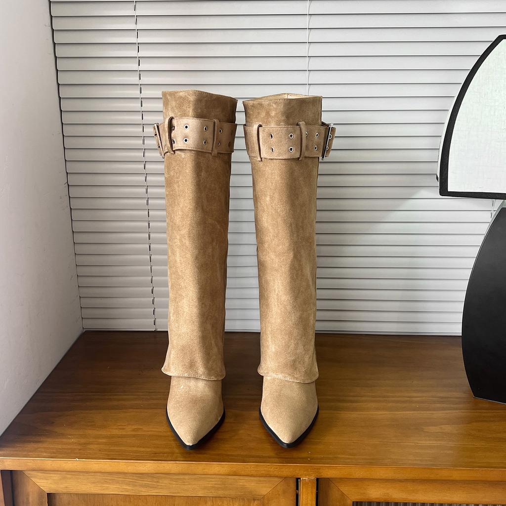 Autumn and winter new pointed-toed thin-heeled thin boots women's stacking boots temperament high-heeled boots pleated thin boots
