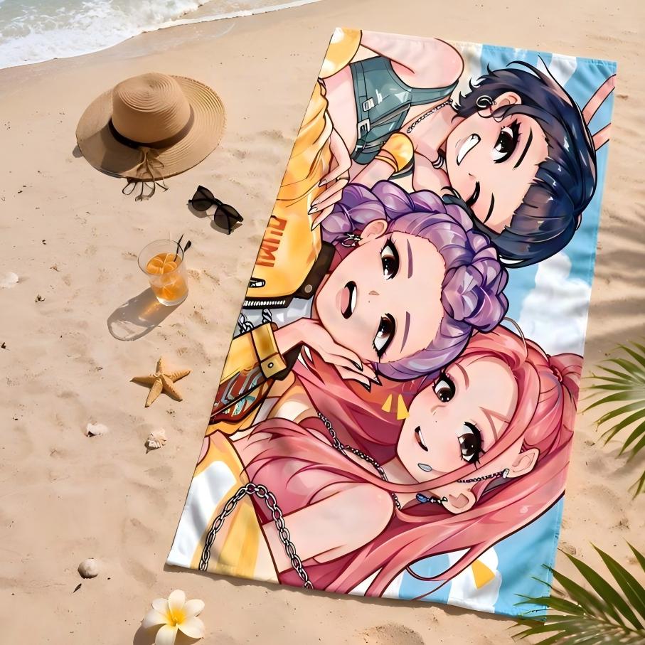 Cute Chibi Anime K-pop Girls Printed Beach Towel Bath Blanket Portable Decor Gift For Fans Kids Girls Pool Picnic Summer Travel