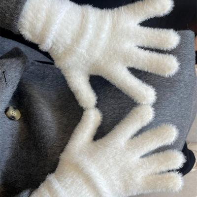 Pure White Korean Style Faux Mink Winter Gloves – Solid Color Plush Warm Cycling Gloves