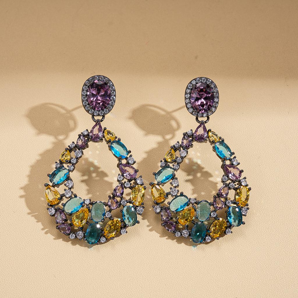 Zircon hollow water drop round colored silver needle earrings retro exquisite earrings