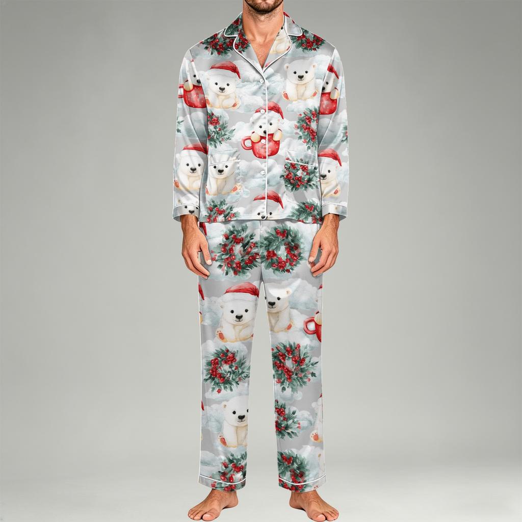 Herren Langarm Button-Down Pyjama-Set mit Hose, 2-teilige Loungewear Nachtwäsche