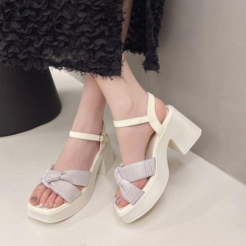 Coarse heel Roman sandals women's 2025 new summer fashion casual women's shoes waterproof table wedge heel high heels beige