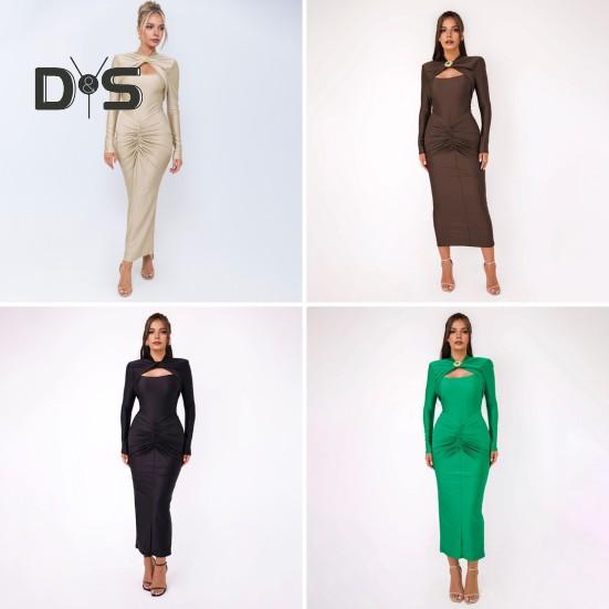 Dámské večerní šaty s vyhloubeným tělem, kovová spona nařasená elastická čistá barva midi šaty s dlouhým rukávem, plesové šaty