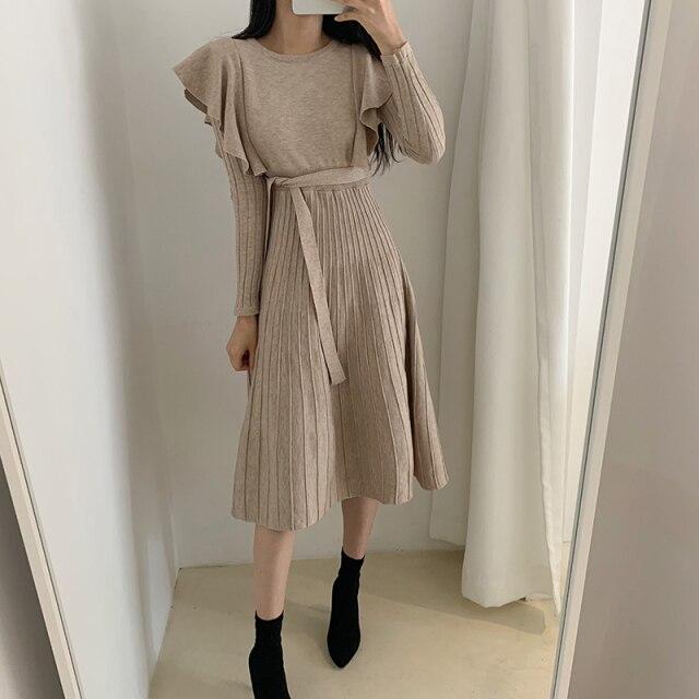 Fashion Ruffles Female Chic Knitted Sweater Dresses 2021 Spring Autumn Lace-up Slim Women Casual Knit Vestidos