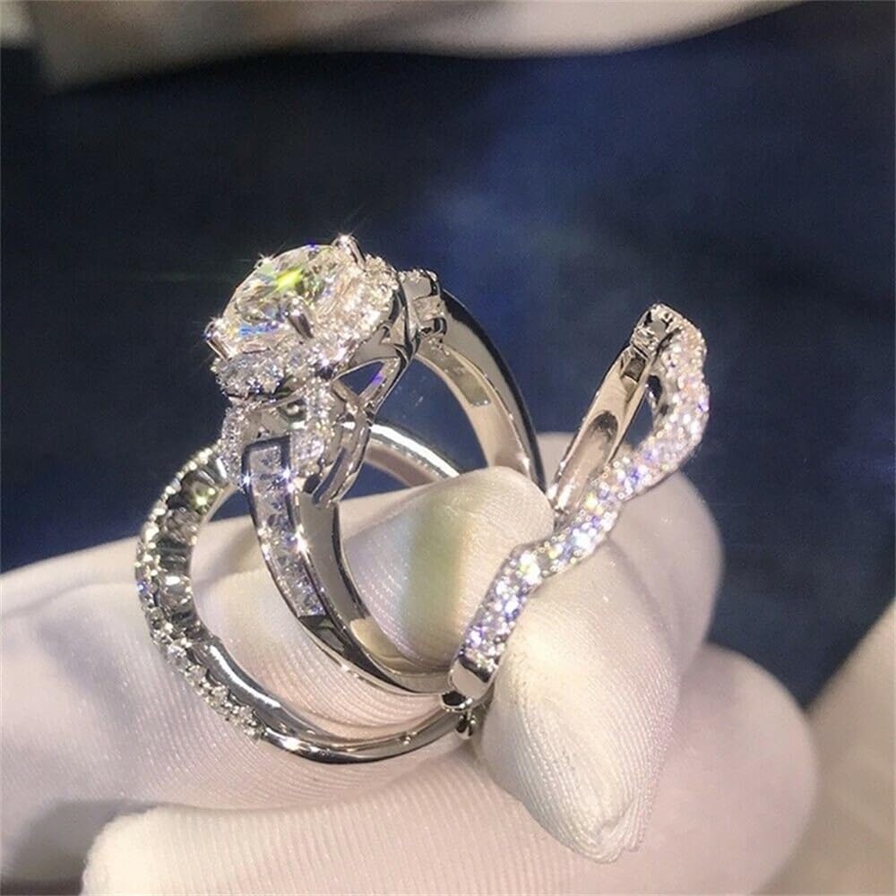 925 Sterling Silver Shiny Full Diamond Gemstone Ring 18K Gold 3Pcs Cubic Zirconia Promise Rings Set CZ Diamond Multi Row Cocktail Rings Eternity