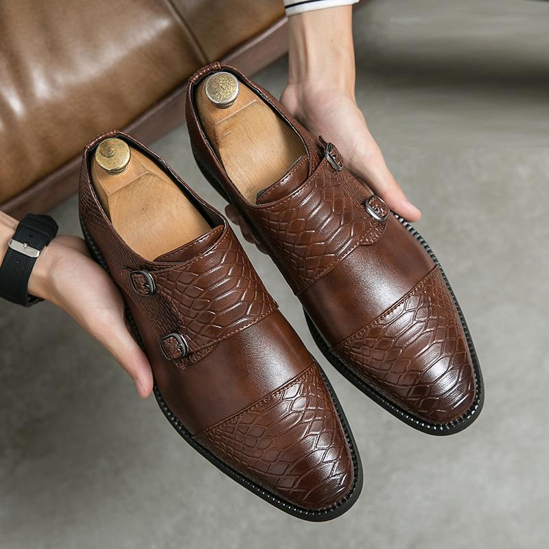 British Trend Gentleman Monk Strap Loafers Pointed Toe Patent Leather Shoes Men Wedding Dress Formal Footwear Zapatos Hombre