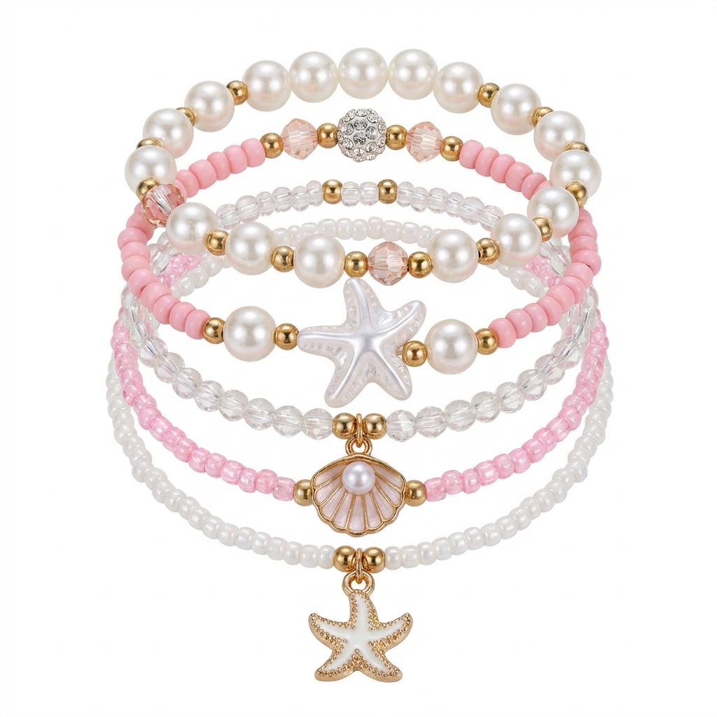 Dainty Shell Imitation Pearl Stretch Bracelets for Women Multilayer Starfish Beaded Stackable Hand Chain Vacation Jewelry Gift