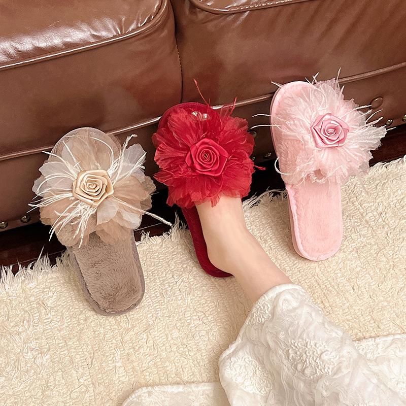 Fashion Fairy Style Plush Shoes Women's 2025 Autumn Winter Fashion Flower Warm Slippers Comfortable Short Plush Slides Pink Red Khaki