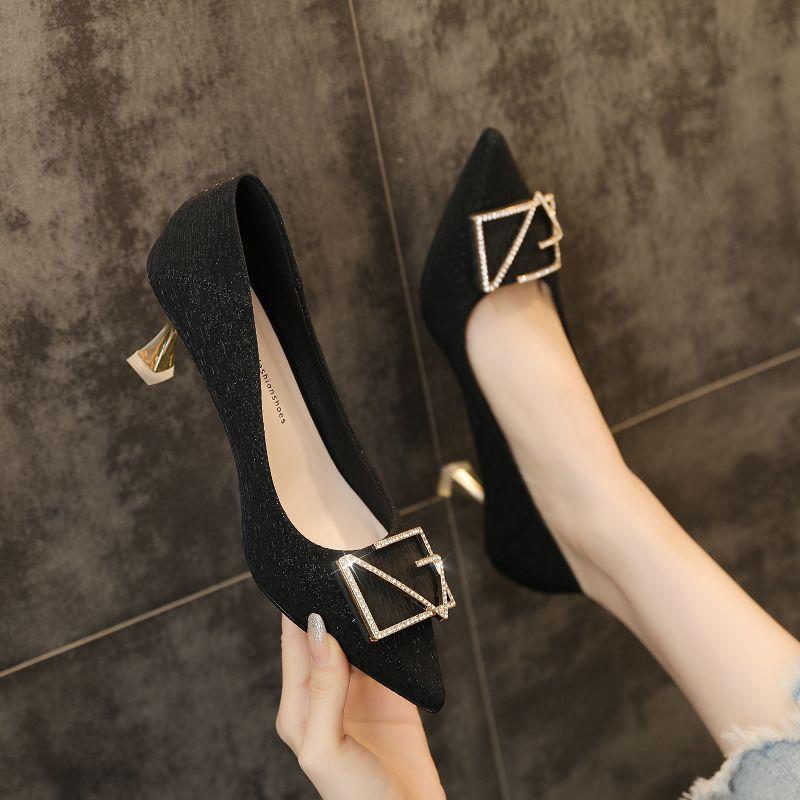 Dámské vysoké podpatky Mělká ústa Kamínky Čtvercová přezka Temperament Špičatá hlava Sexy Jednoduché boty Družička Svatba Boty Randění Banketové boty