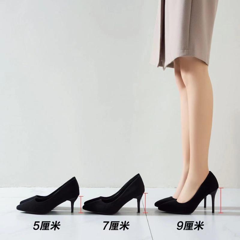 -4 large size high heels women's spring and autumn new black thin heel pointed light mouth suede professional work shoes