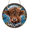 2D Flat, 1pc Round Aluminum Hanging Sign, Charming Highland Cow with Blue Wildflowers Pattern - Durable Outdoor/Indoor Welcome Decor for Front Door