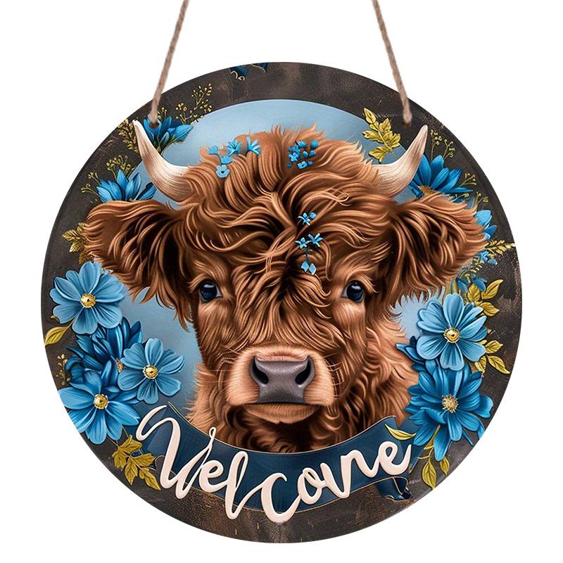 2D Flat, 1pc Round Aluminum Hanging Sign, Charming Highland Cow with Blue Wildflowers Pattern - Durable Outdoor/Indoor Welcome Decor for Front Door