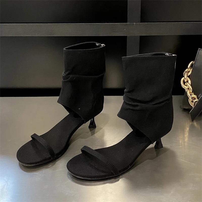 Eilyken Concise Open Toe Clip On Denim Women's Boots Pleated Low Thin Heels Roman Booties Sandal Zapatos De Mujer