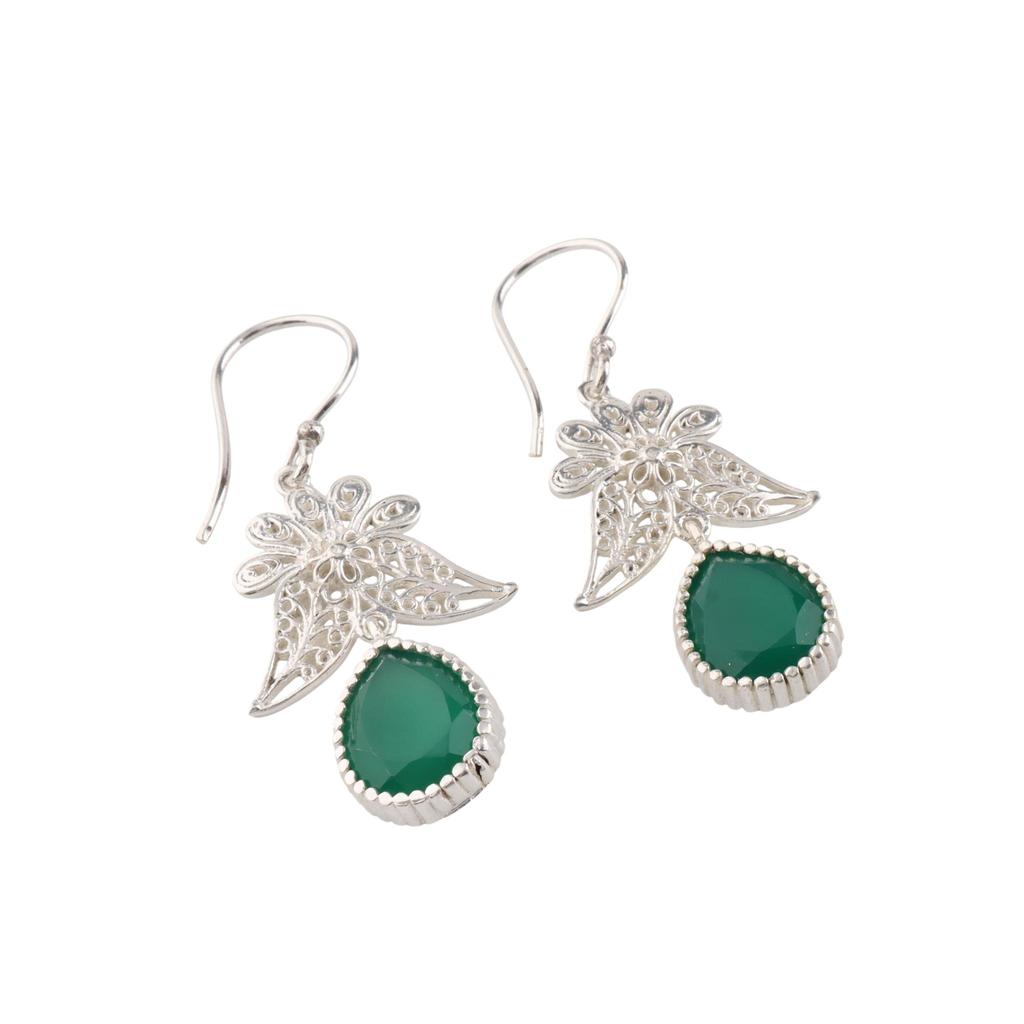 Green Onyx Gemstone 925 Sterling Silver Handmade Jewelry Dangle Earrings 1.84" May Birthmonth Jewelry For Women CE-23-15