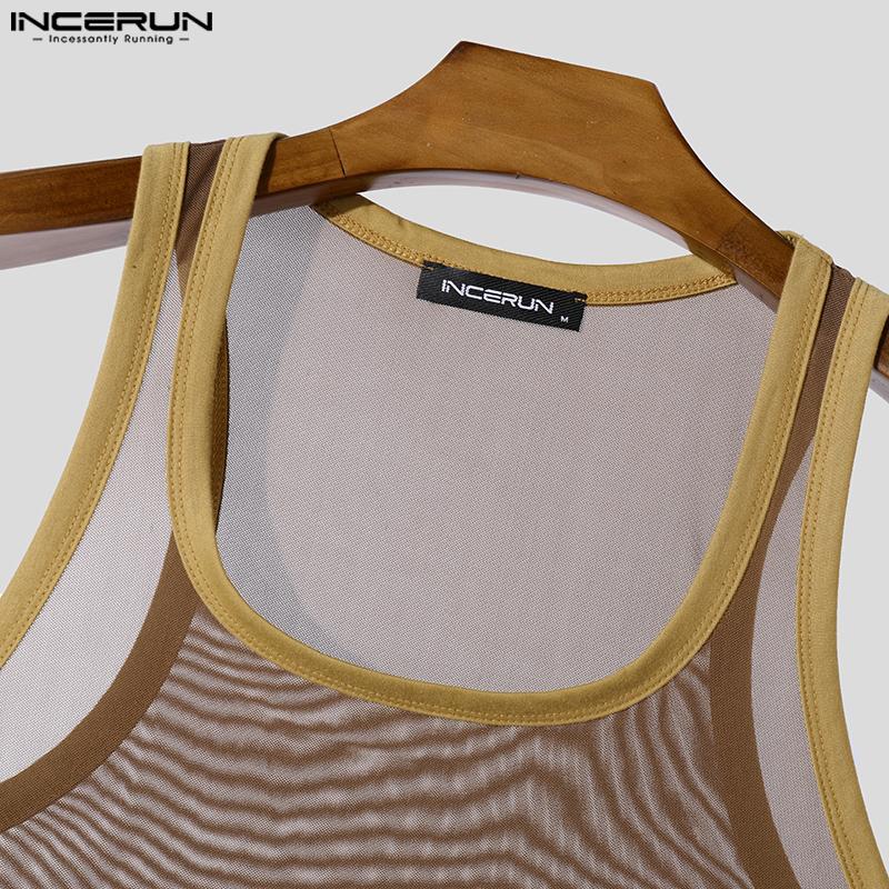 INCERUN Débardeurs à bretelles transparentes pour hommes Hauts transparents en maille patchwork