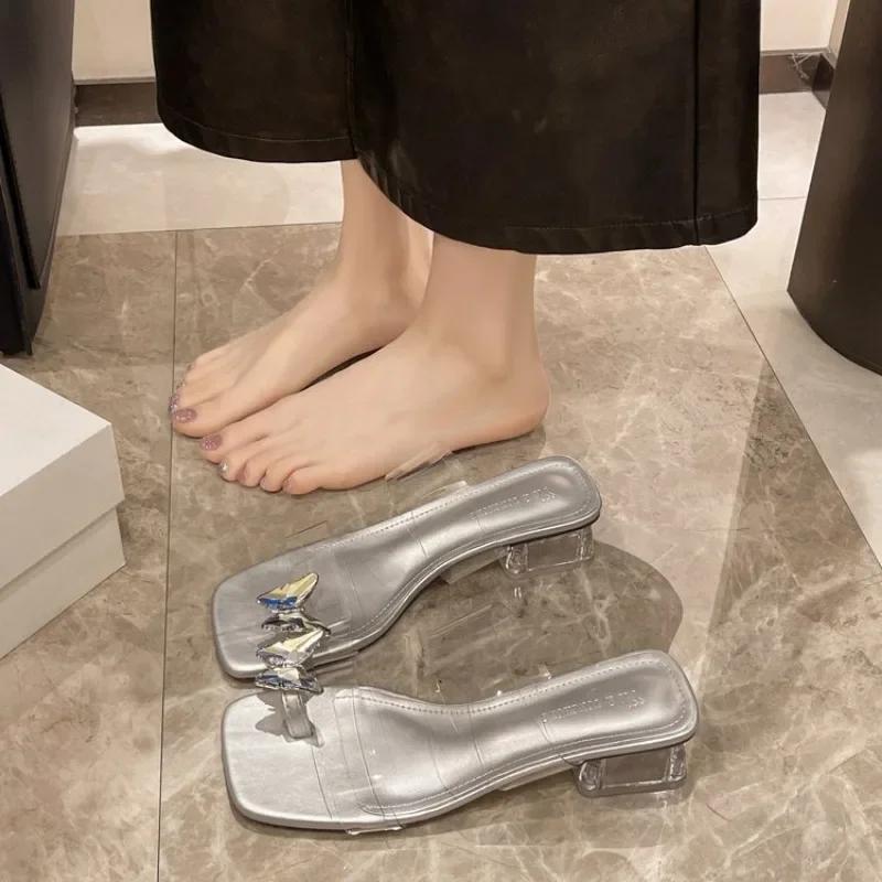 Fashion Sandals 2024 Summer New Shiny Diamond Flowers Thick Bottom Slope Heel Round Toe Clip Comfortable Flip-flops Women