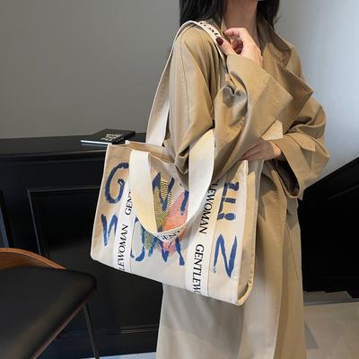 Commuter Large-capacity Alphabet Canvas Bag Women's New Fashion College Student Shoulder Tote Bag Portable Leisure Bag