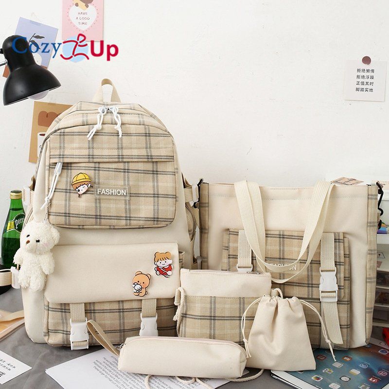 

Клетчатый рюкзак для учащихся начальной школы, женский рюкзак, набор из 5 предметов, рюкзак 41cm * 31cm * 12cm бежевый