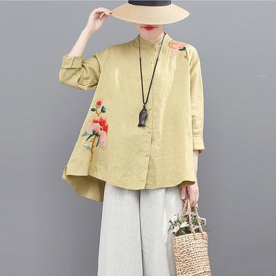 Spring Autumn  Round Neck Long Sleeve Fashion Shirt Women High Street Embroidered Button Cardigan Pure Cotton Elegant Tops