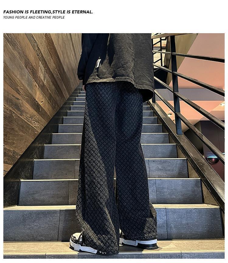 Men's Fashionable Wide-Leg Hip-Hop Jeans, Jacquard Print, Personalized Distressed High-Street Style