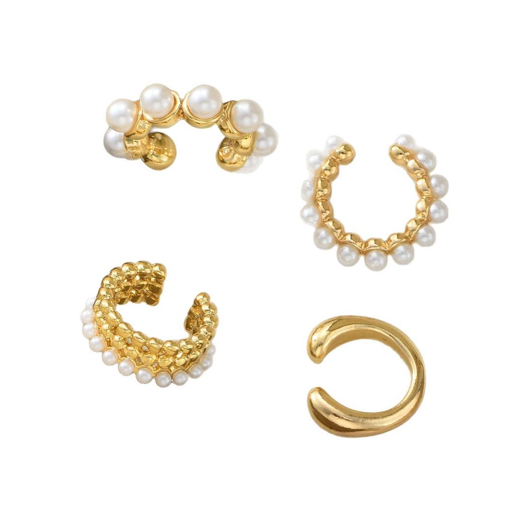 4Pcs/Set Vintage Imitation Pearl Ear Clip Earring for Women Classic Gold Color C-Shape Earcuff Earring Simple Daily Wear Jewelry