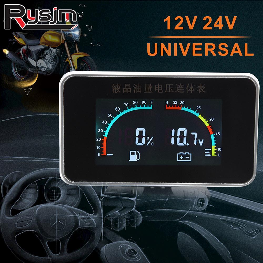 Universal 12v/24v 2 In 1 LCD Car Digital Voltmeter Fuel Level Gauge Fuel Gauge Motorcycle Volt Gauges Fuel Sender Alarm Ga